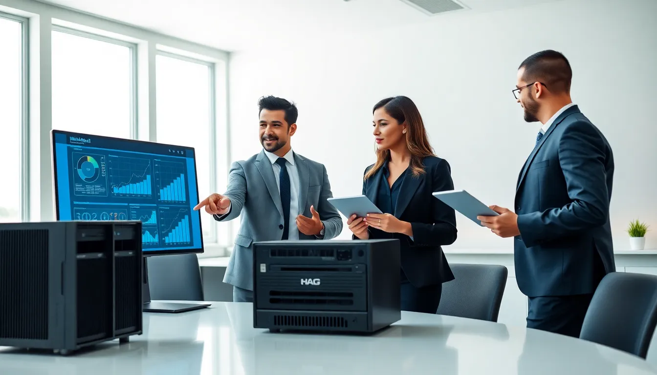 professionals discussing WebBizMagnet hardware in a modern office setting.