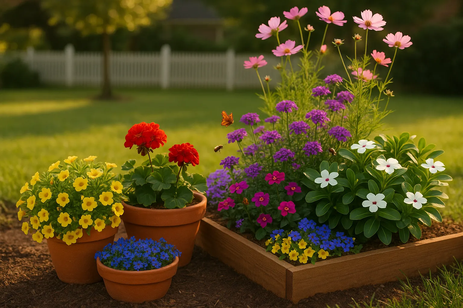 sunlit garden bed with cosmos, verbena, calibrachoa, geraniums, lobelia, and a butterfly