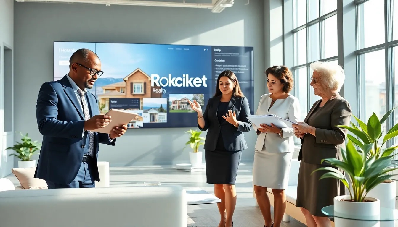 a diverse team collaborating in a modern real estate office.