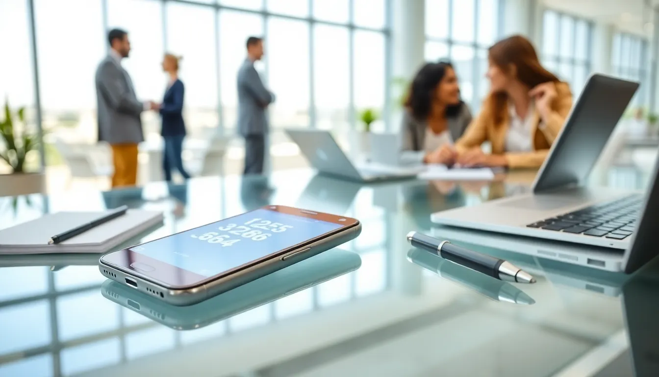 smartphone displaying a phone number on a modern desk.