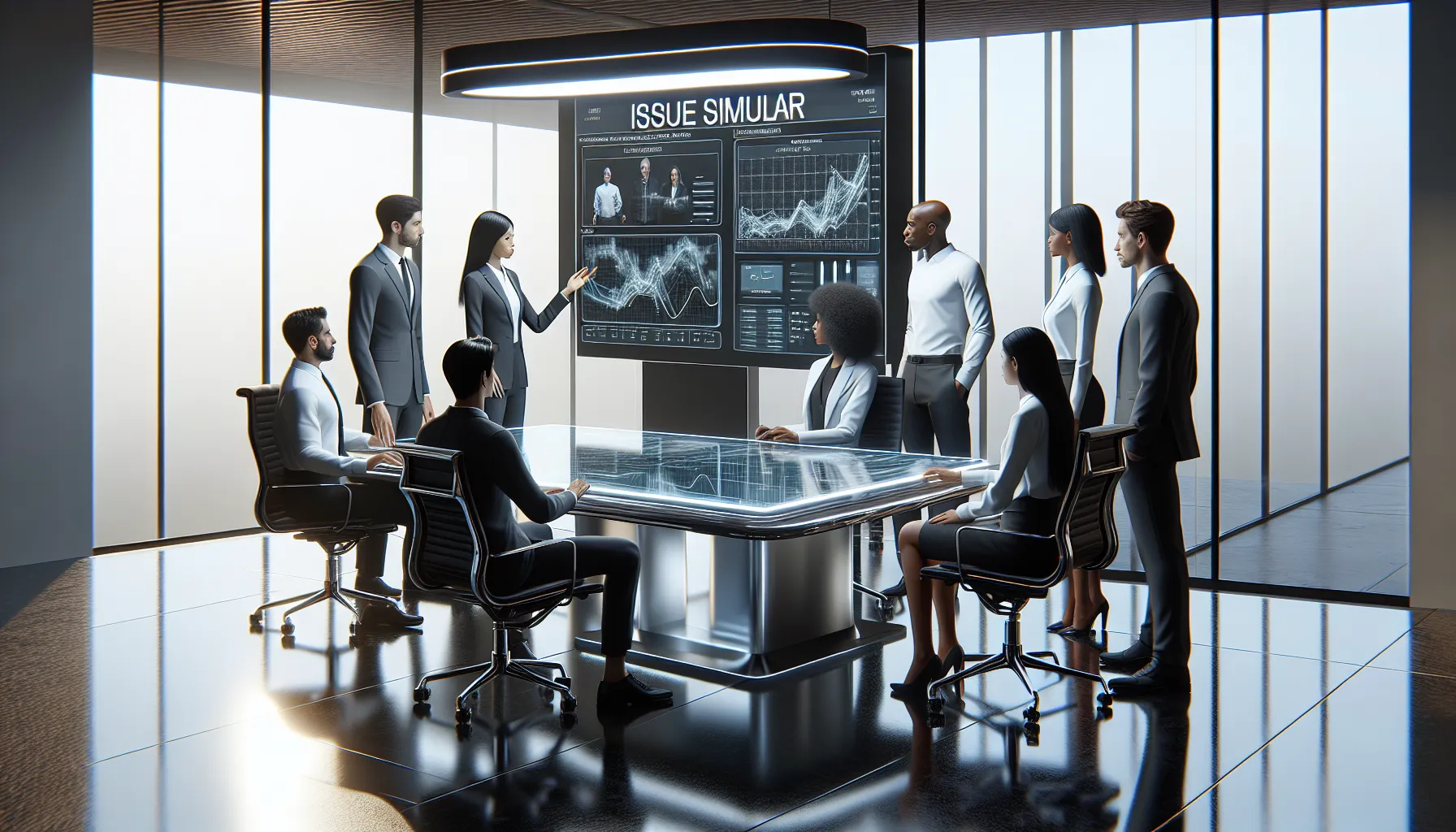 diverse team discussing problem simulators in a modern office.