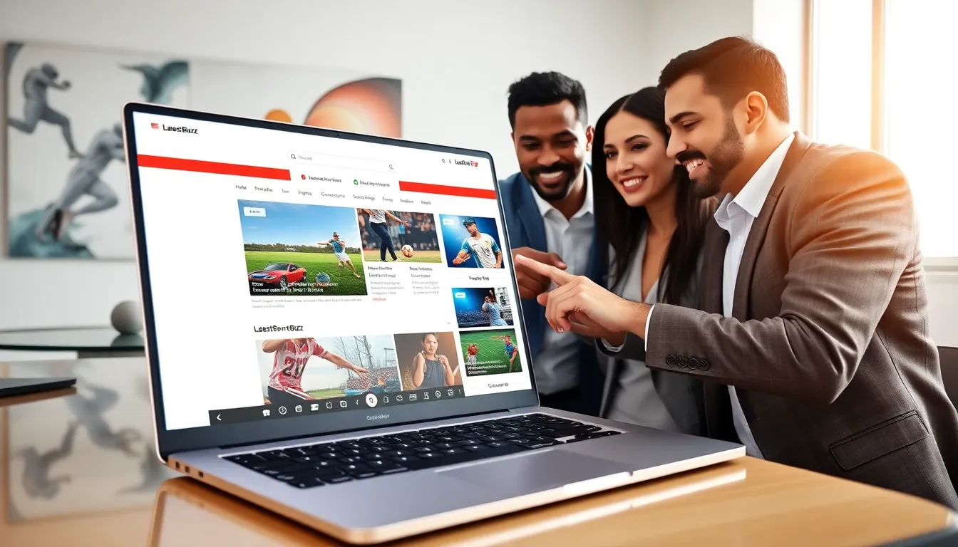 diverse team discussing sports content on a laptop in a modern office.