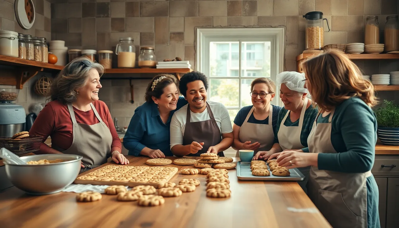 diverse bakers joyfully preparing cookies in a warm kitchen.