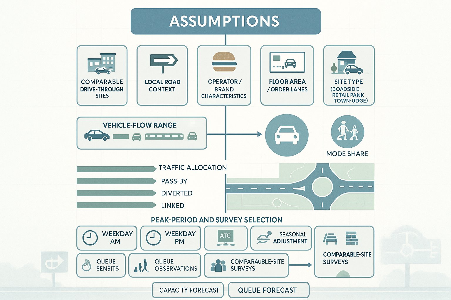Drive-through transport assessment infographic showing trip generation, mode share, surveys and peak periods.
