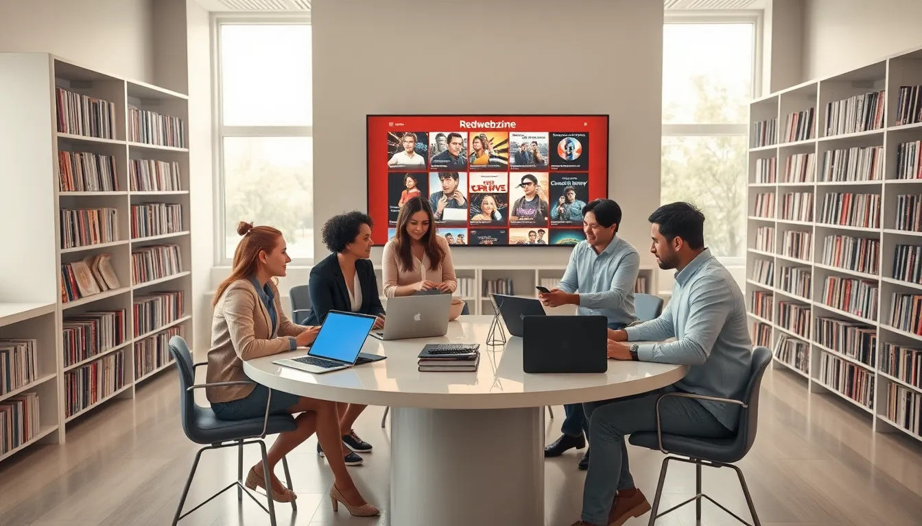 diverse professionals collaborating in a digital library about entertainment.