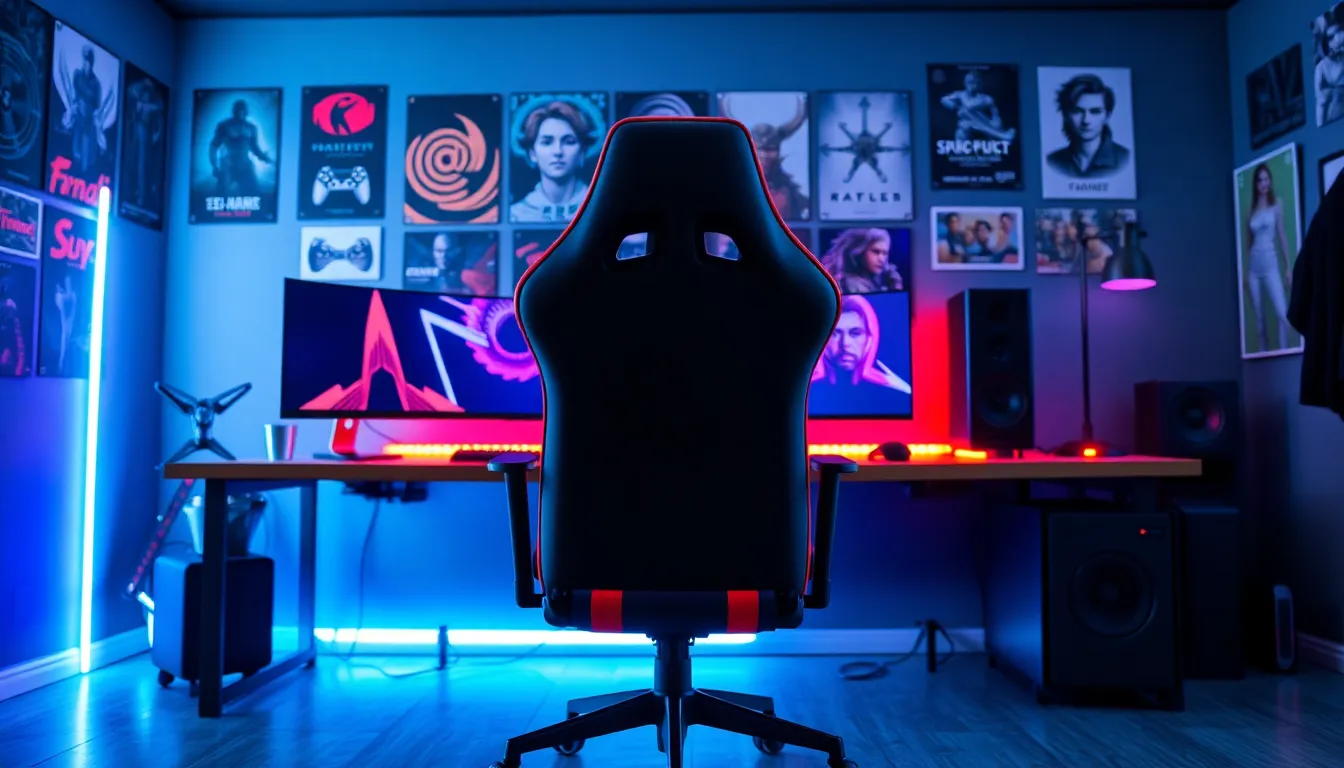 A sleek tall gaming chair in a modern gaming setup.