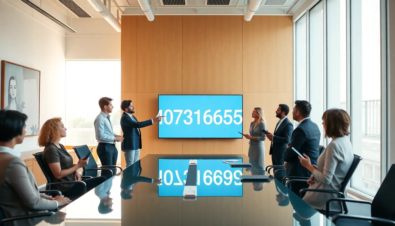 diverse professionals discussing significance of the number 4073168550 in an office.