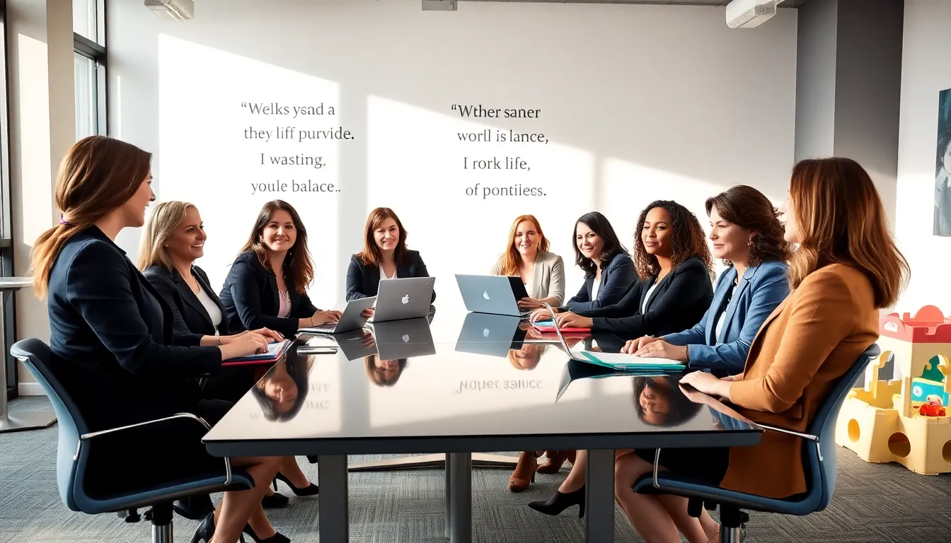 Diverse women collaborating in a modern office, balancing work and family.