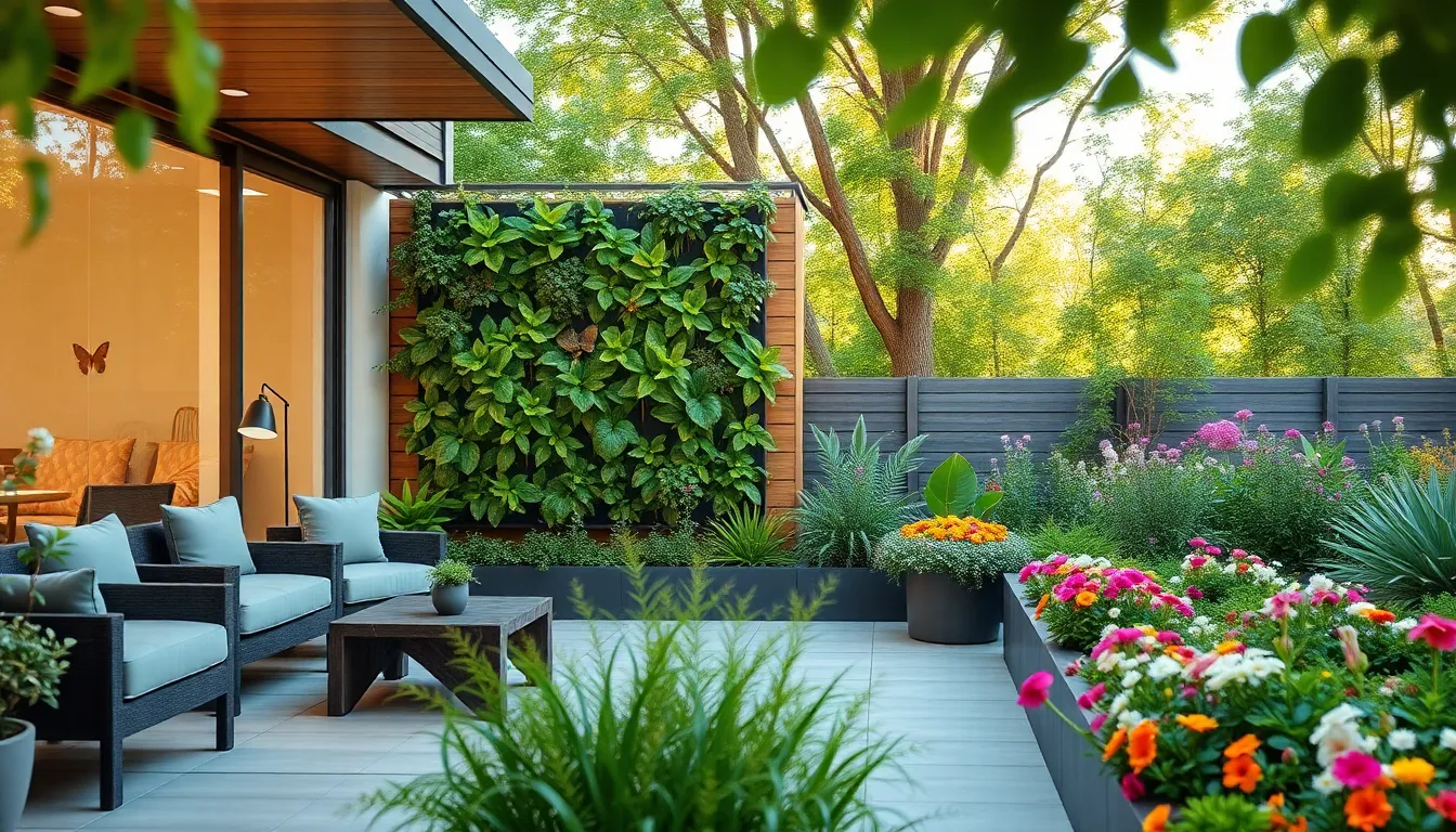 modern outdoor living area with greenery and a vertical garden.