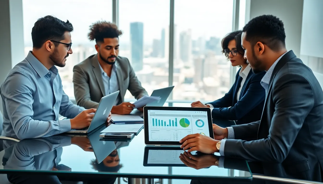 diverse professionals discussing wealth building strategies in a modern office.