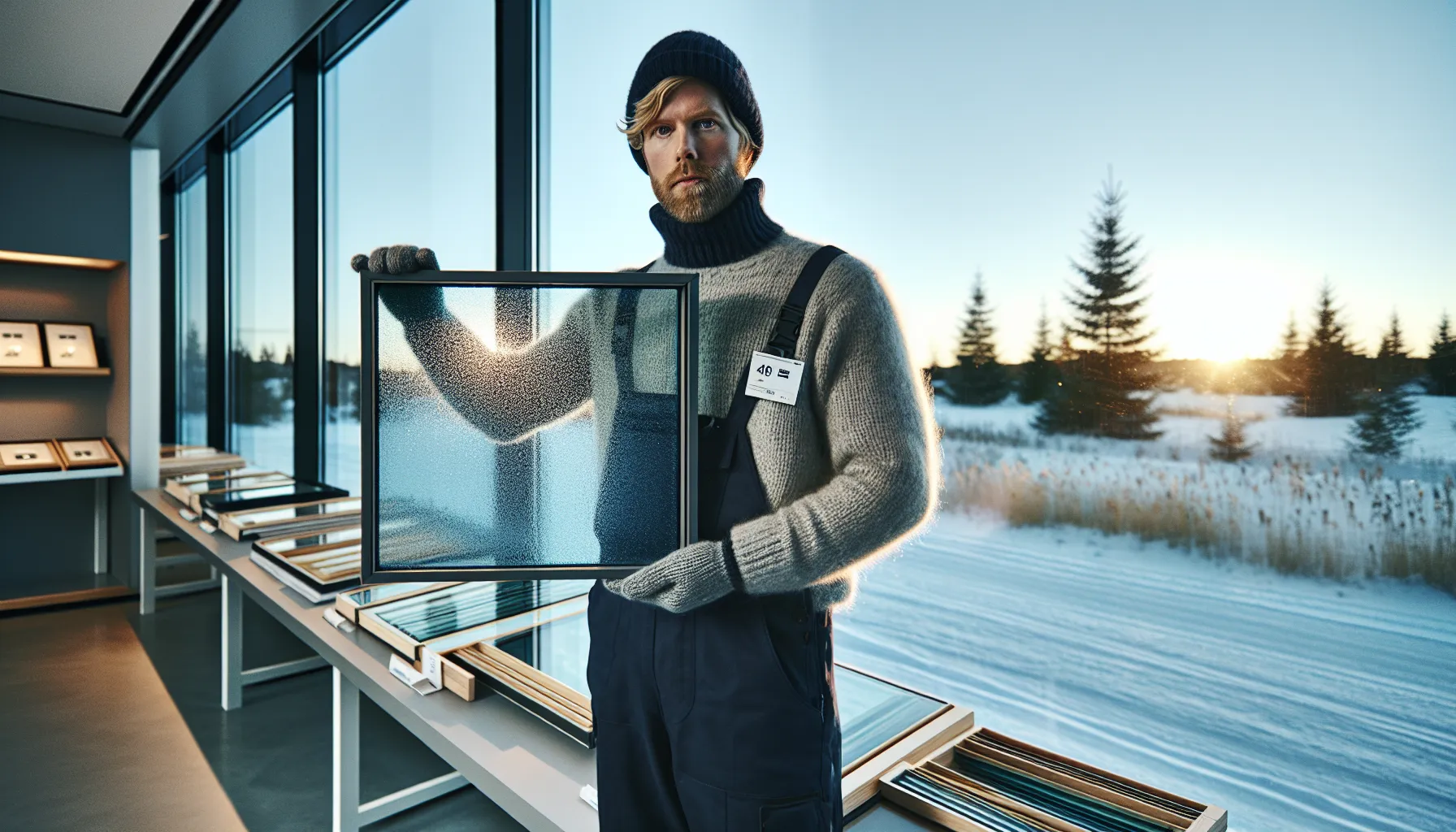 Technician holding triple-glazed low‑e window beside glass samples in norway.