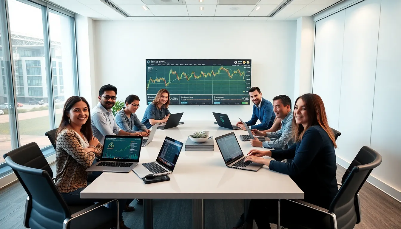 diverse professionals discussing cryptocurrencies in a modern office setting.