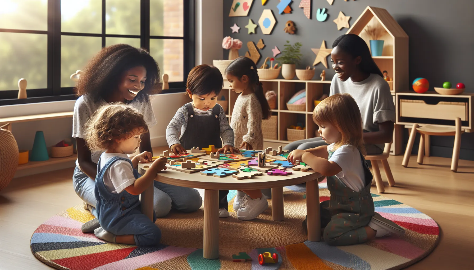 toddlers playing with colorful puzzles in a bright playroom.