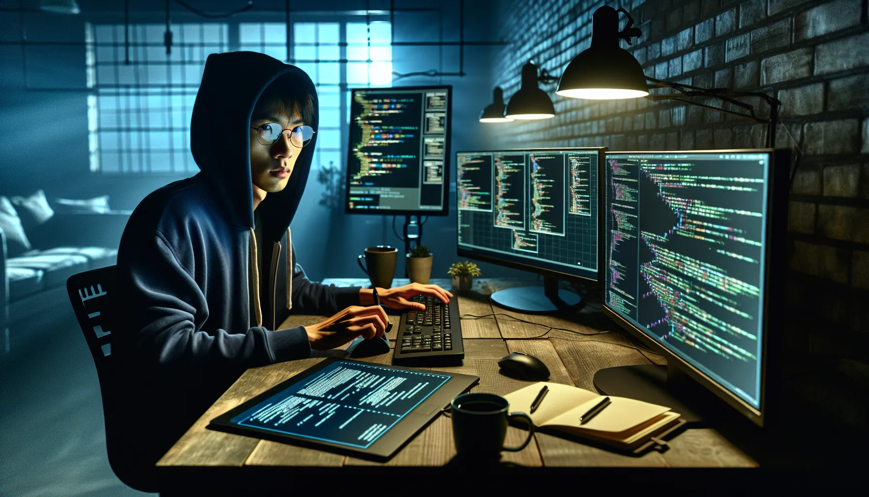 Cybersecurity analyst reviewing smart contract code on dual monitors in a dimly lit office.