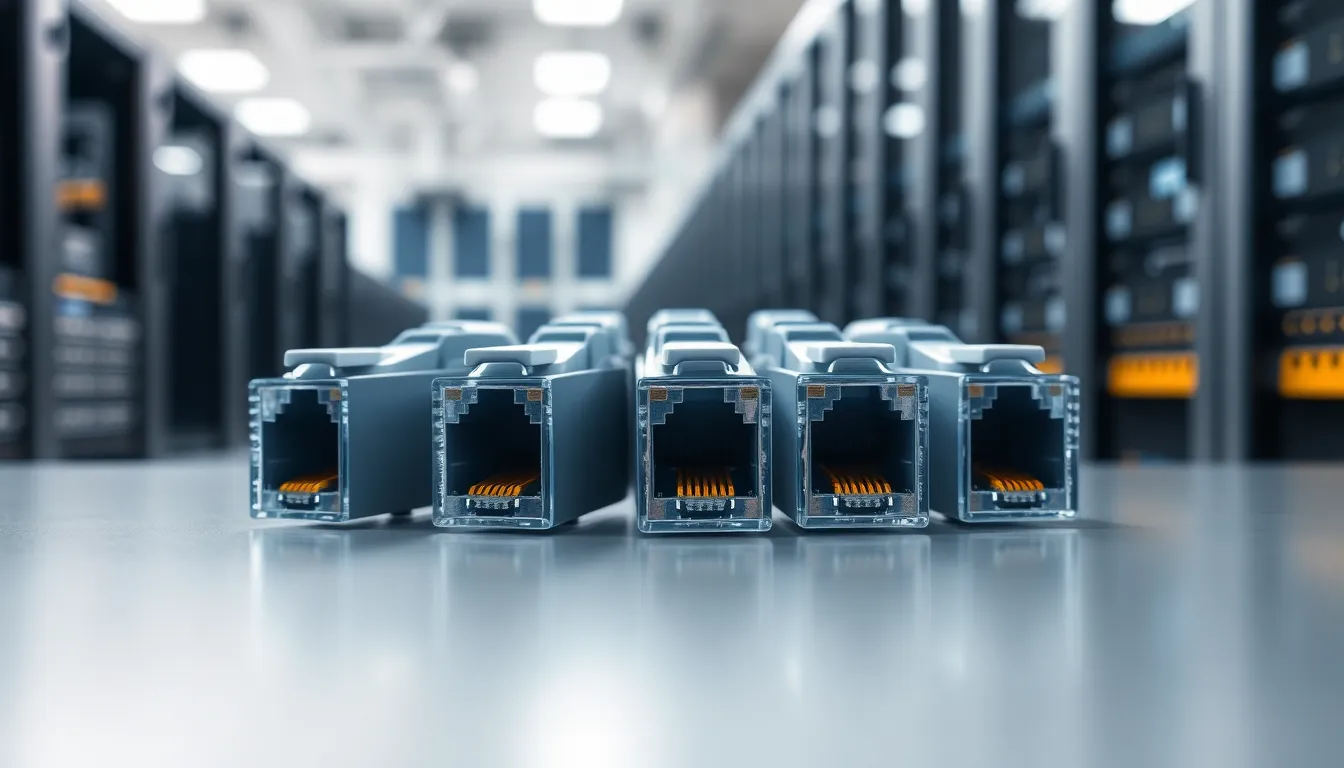 Close-up of advanced RJ45 connectors in a modern networking setting.