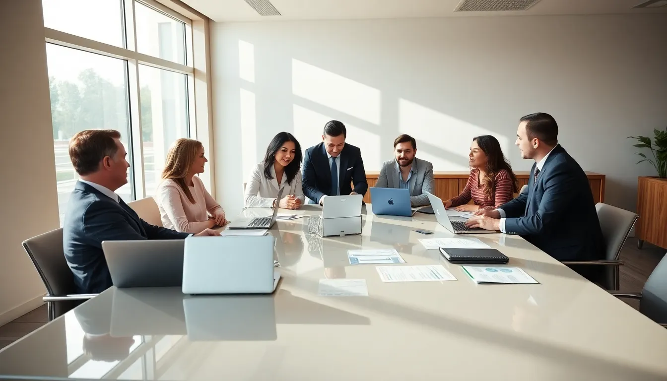 diverse financial advisors collaborating with clients in a modern office.