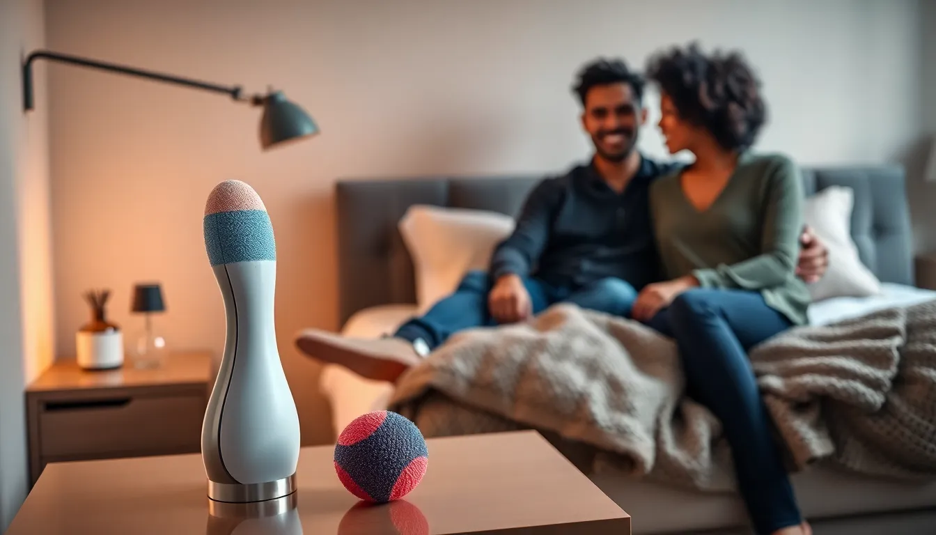 a modern bedroom showcasing a playful Danny Tease Toy on a nightstand.
