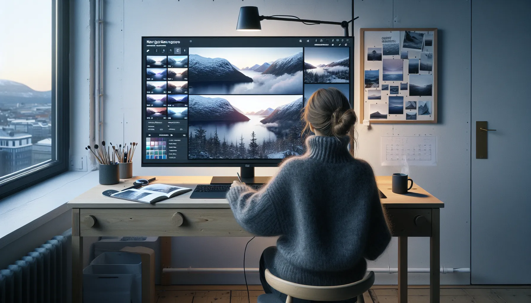 Teknologi og kunst: hvordan ai skaper kunstverk 2 Norwegian designer views ai-generated art grid on screen in a winter-lit studio.