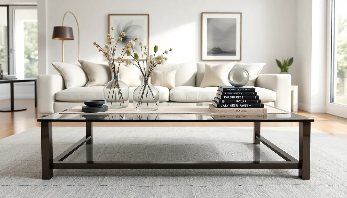 modern glass coffee table with decorative items in a stylish living room.