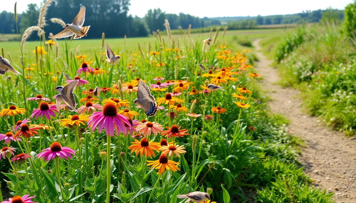 lush garden featuring diverse Indiana native plants with pollinators.