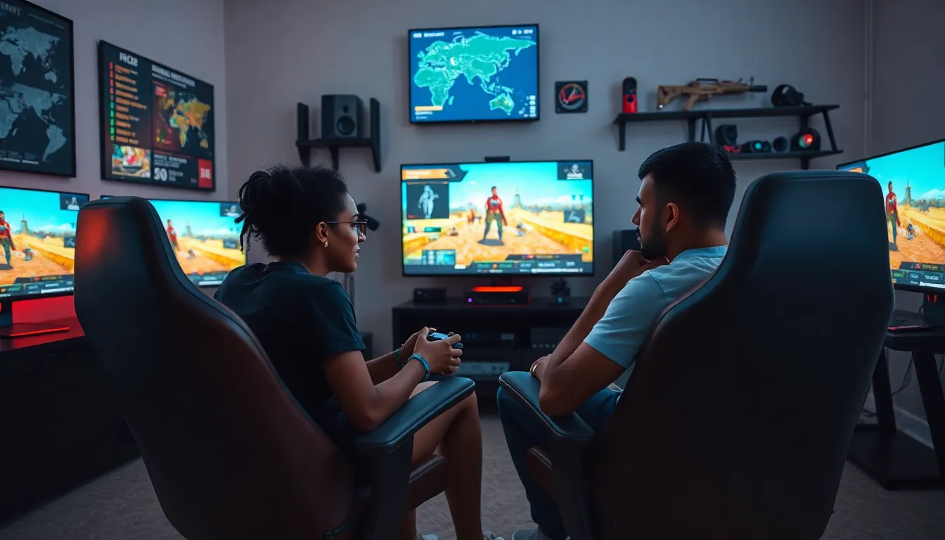 gamers engaged in third-person perspective gameplay in a modern gaming room.