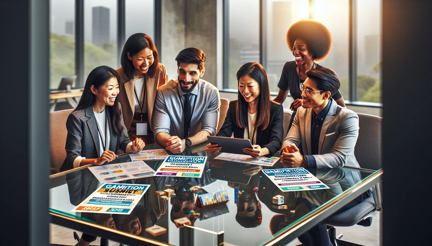 group of professionals discussing ticket sales and discounts in an office.
