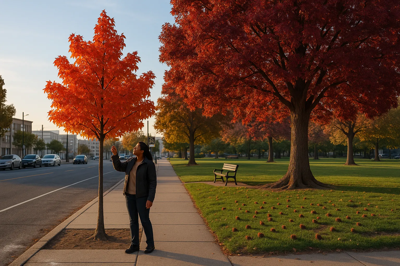 red maple in sidewalk strip versus large sweetgum specimen in park