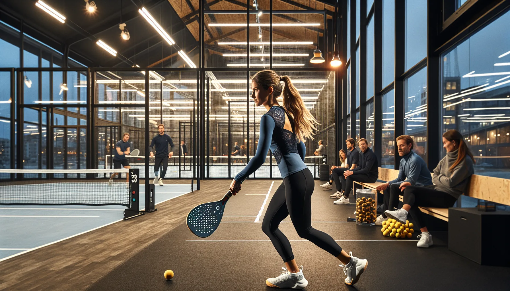 Forehand shot on high-ceiling indoor padel court in trondheim at dusk.
