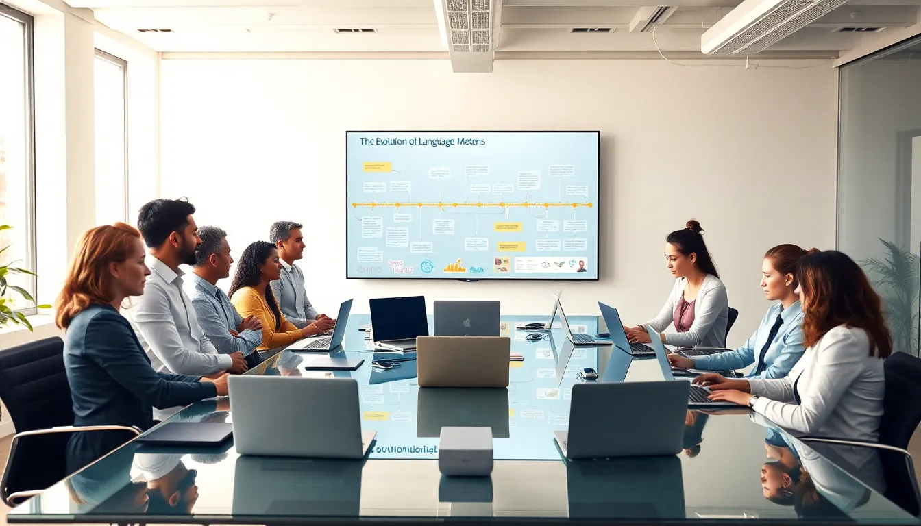 diverse professionals discussing language evolution in a modern office.
