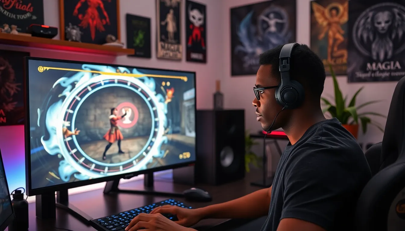 gamer focused on casting illusion spells in a modern gaming setup.