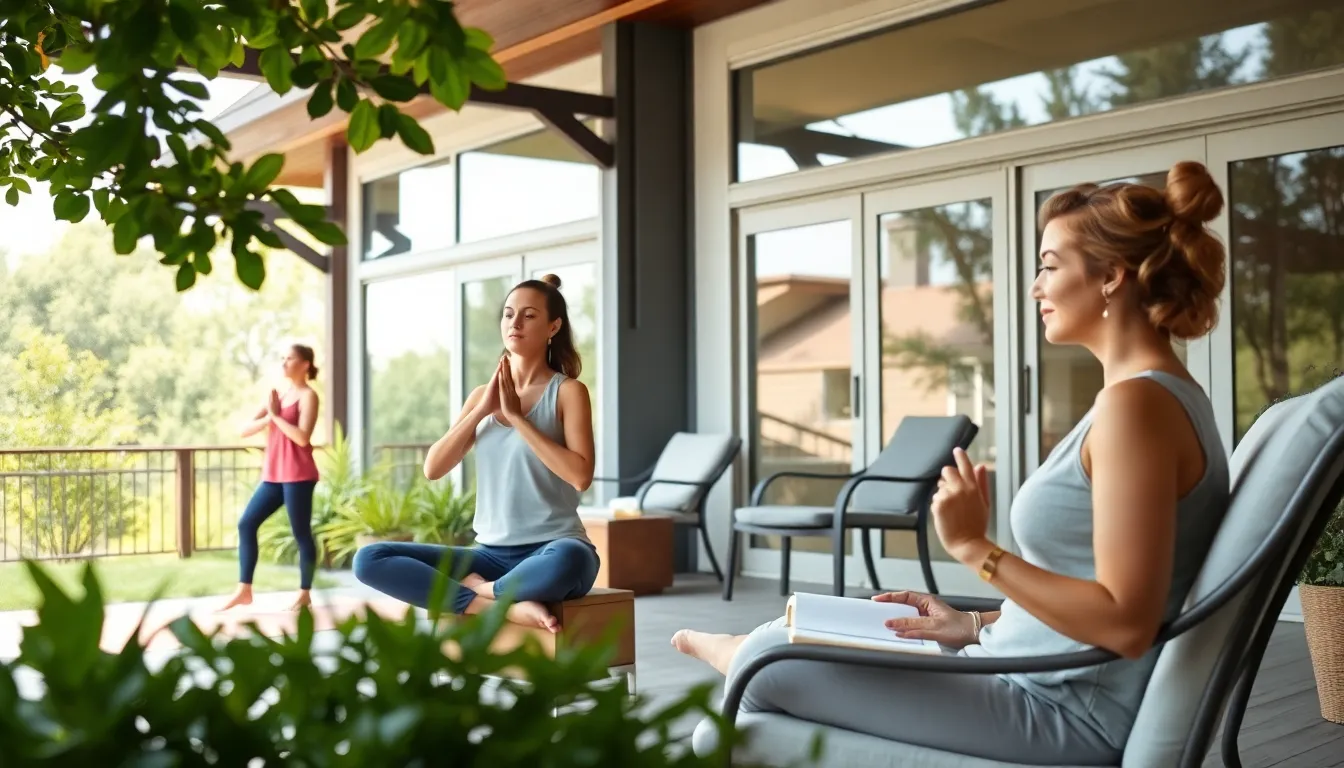 women practicing yoga and meditation at a mental health retreat.