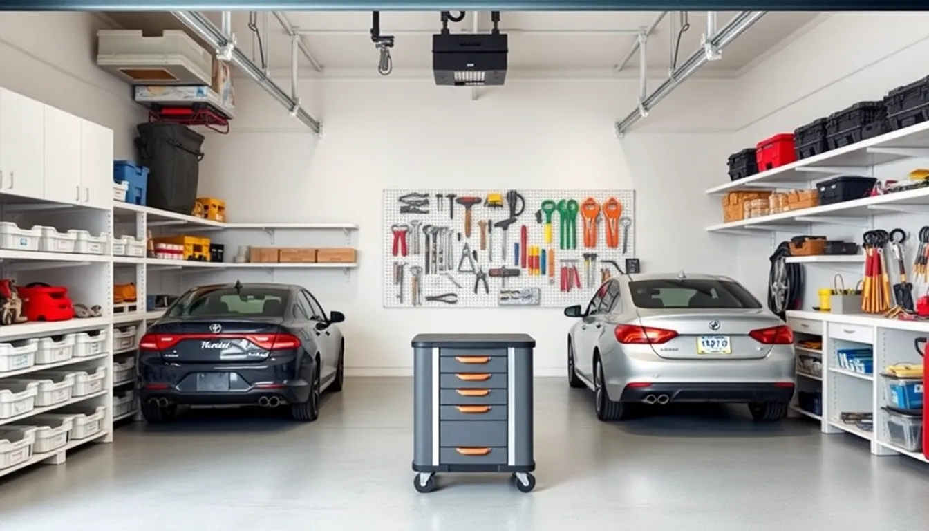 modern two-car garage with smart storage solutions and organized tools.