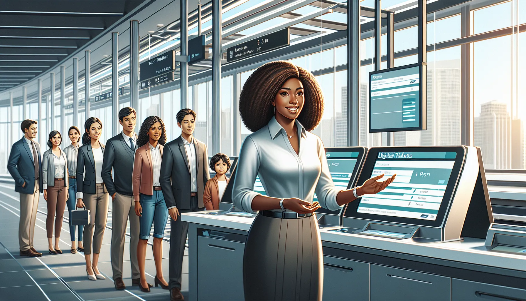 TTR assisting diverse passengers at a modern US train station.