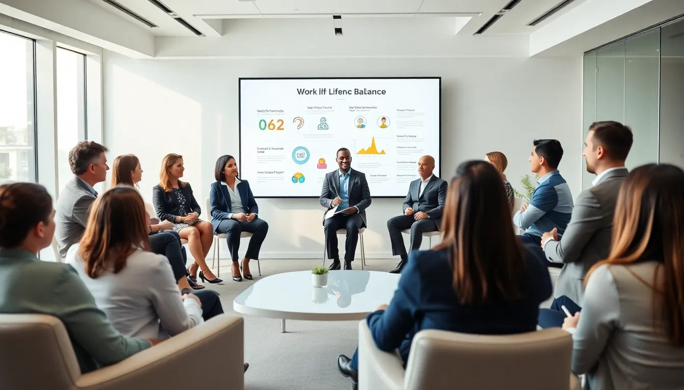 diverse speakers discussing work-life balance in a conference room.