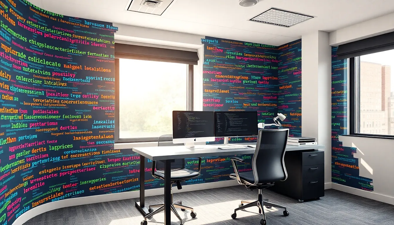 modern office with vibrant coding wallpaper and sleek desk setup.