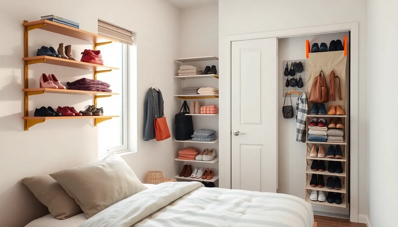 Stylish small bedroom with creative vertical clothing storage solutions.