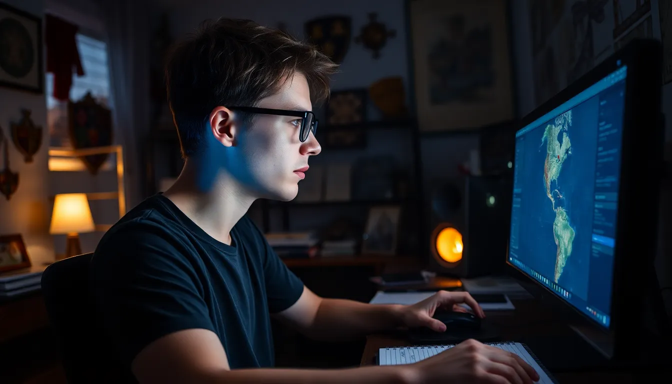 young man playing Crusader Kings II in a cozy home office.