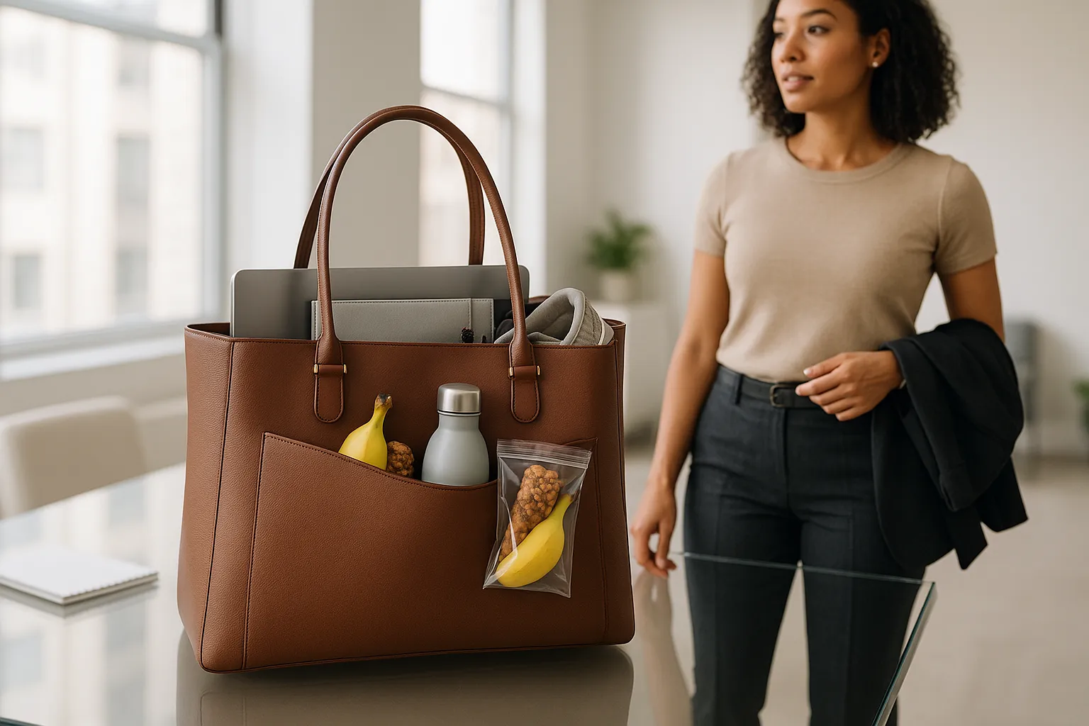 Professional woman with a structured tote bag in a modern office.