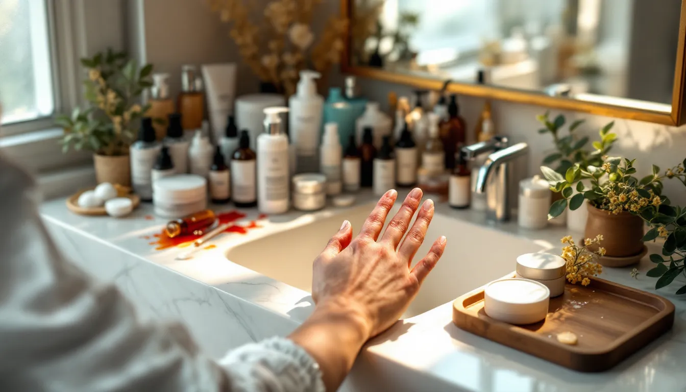 Cluttered bathroom shelf with too many skincare products and a reddened hand reaching toward them.