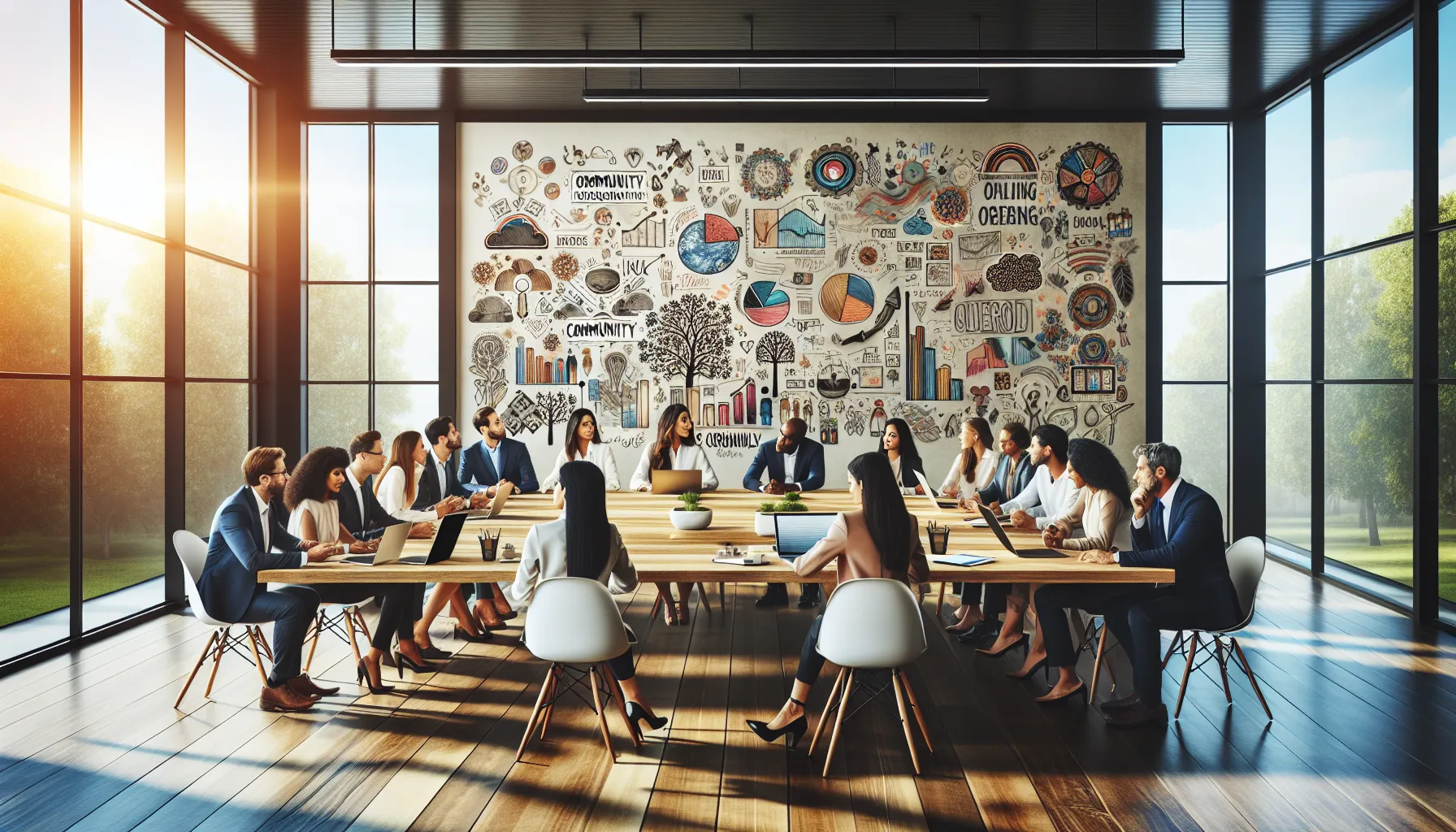 a diverse group collaborating in a modern office setting.