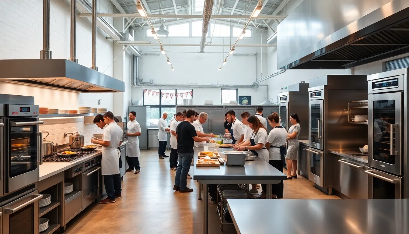 diverse chefs collaborating in a modern commercial kitchen.