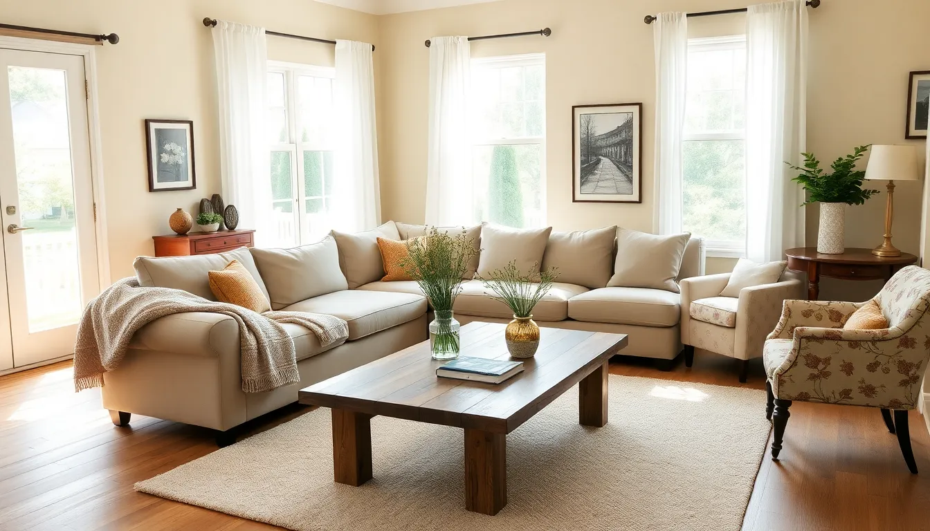 a cozy living room showcasing modern farmhouse and eclectic furniture styles.