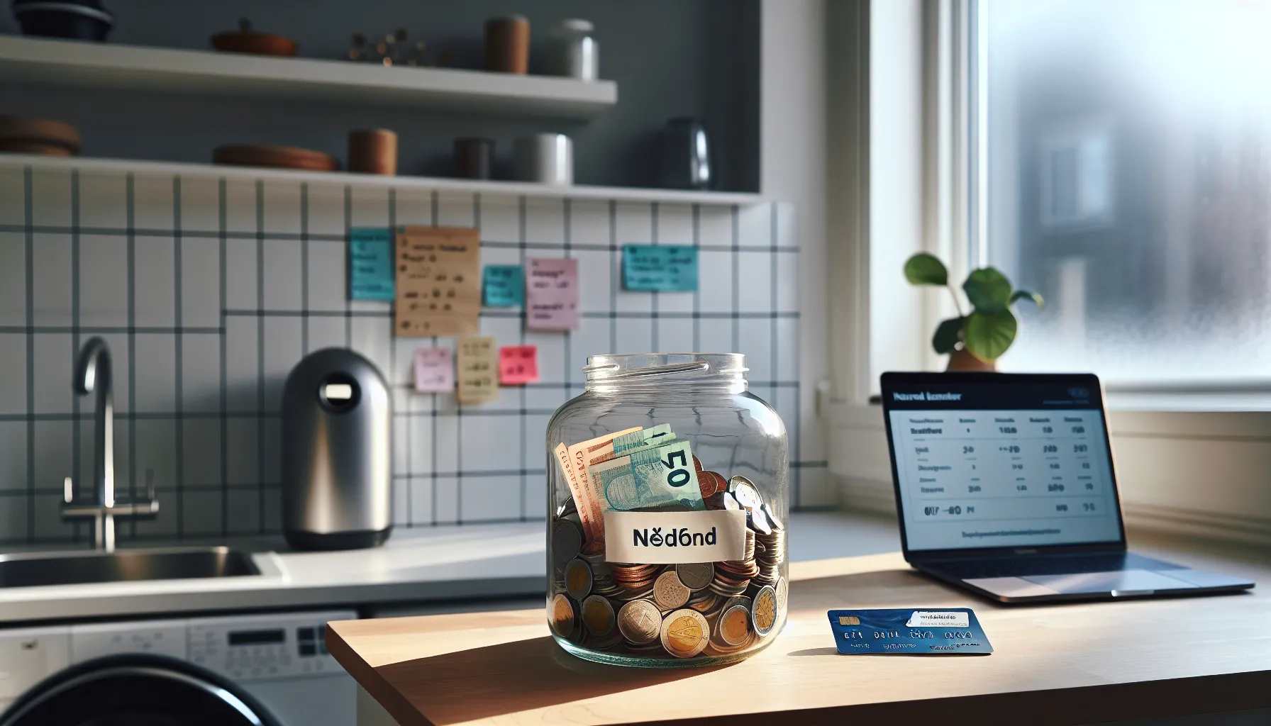 Glass jar labeled nødfond with kroner, avoiding credit debt and planning risk.