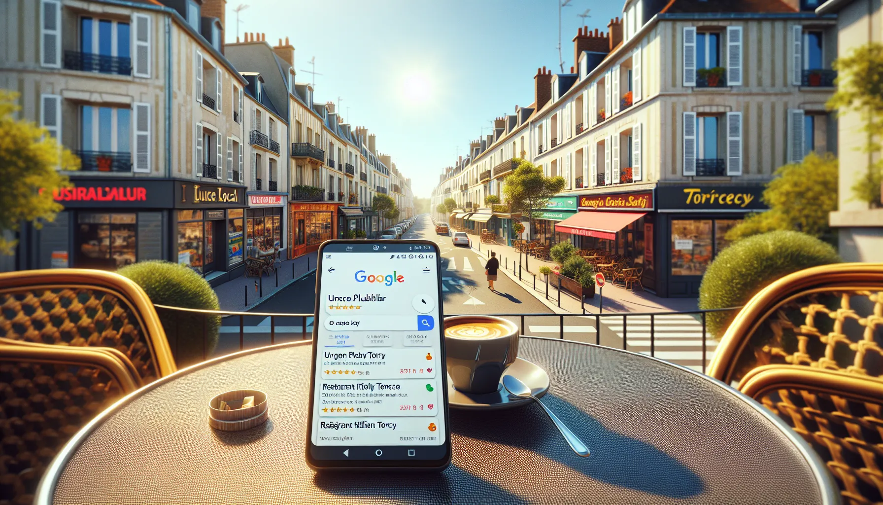 Business owner in Torcy checking local Google and Google Maps results on phone.