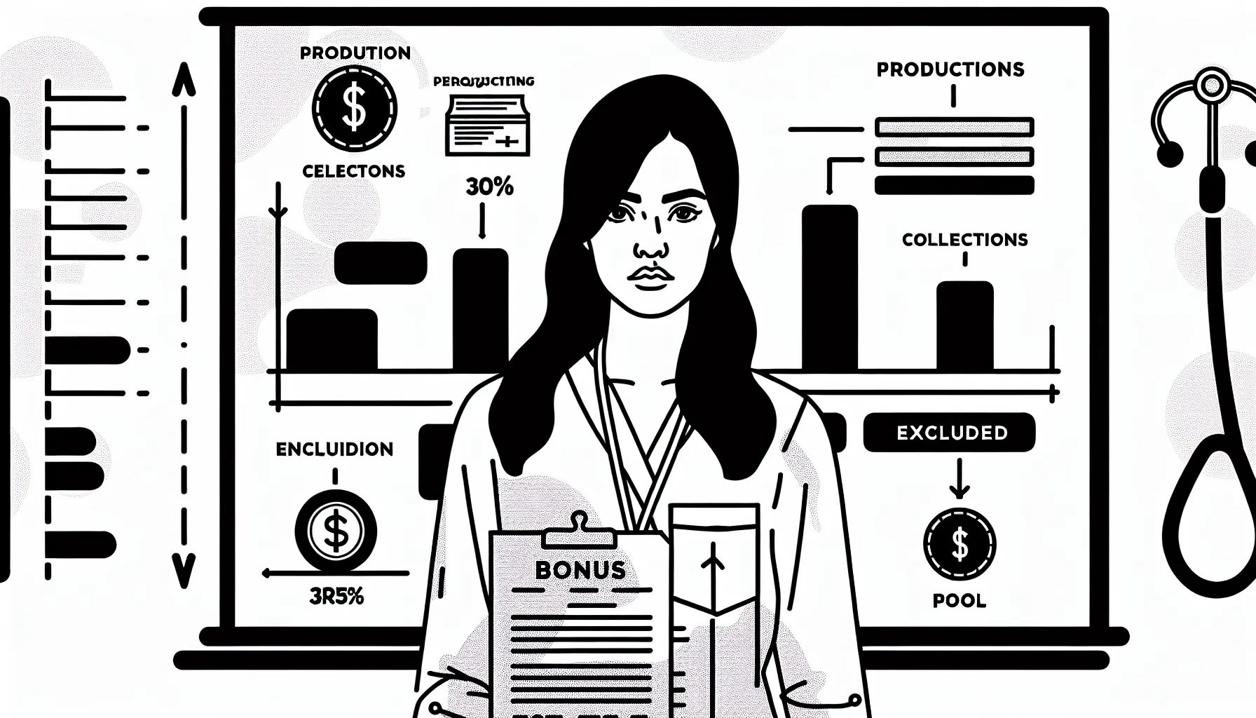 Dental associate reviewing a confusing bonus statement with charts and icons.