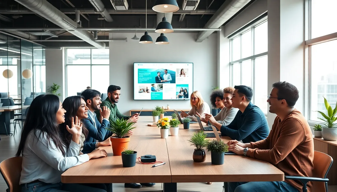 diverse professionals engaged in meaningful discussions in a modern workspace.