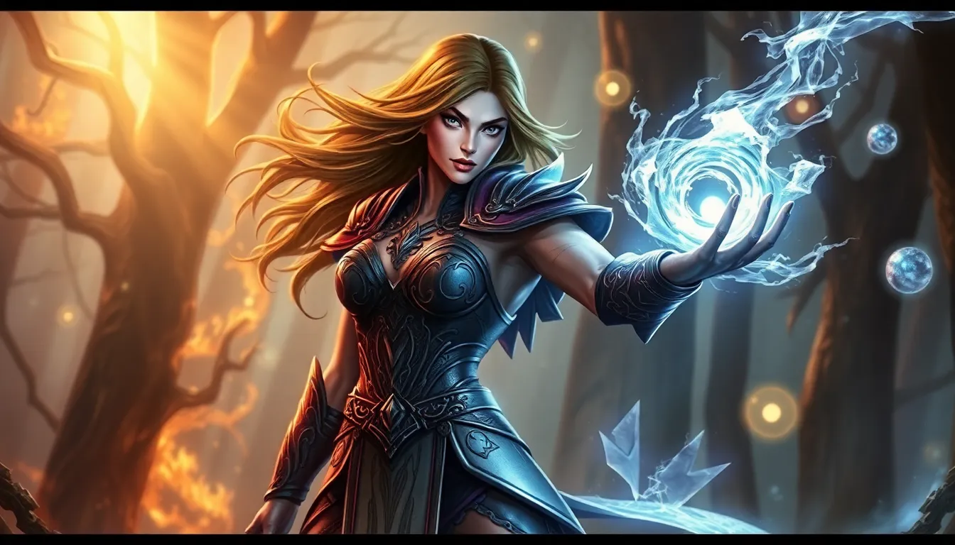 Sorceress casting spells in an enchanted forest setting.