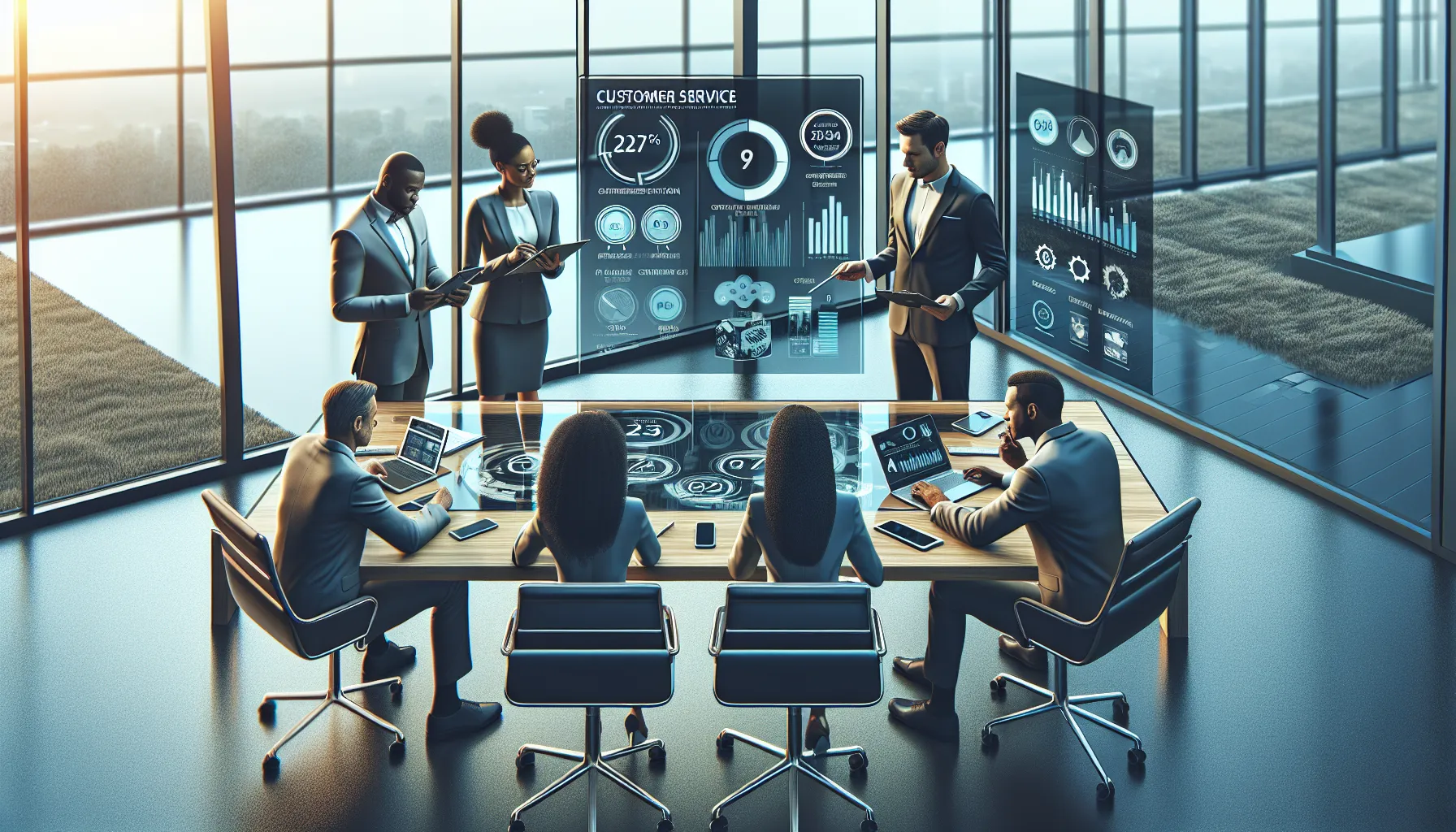 professionals collaborating in a modern office about customer service strategies.