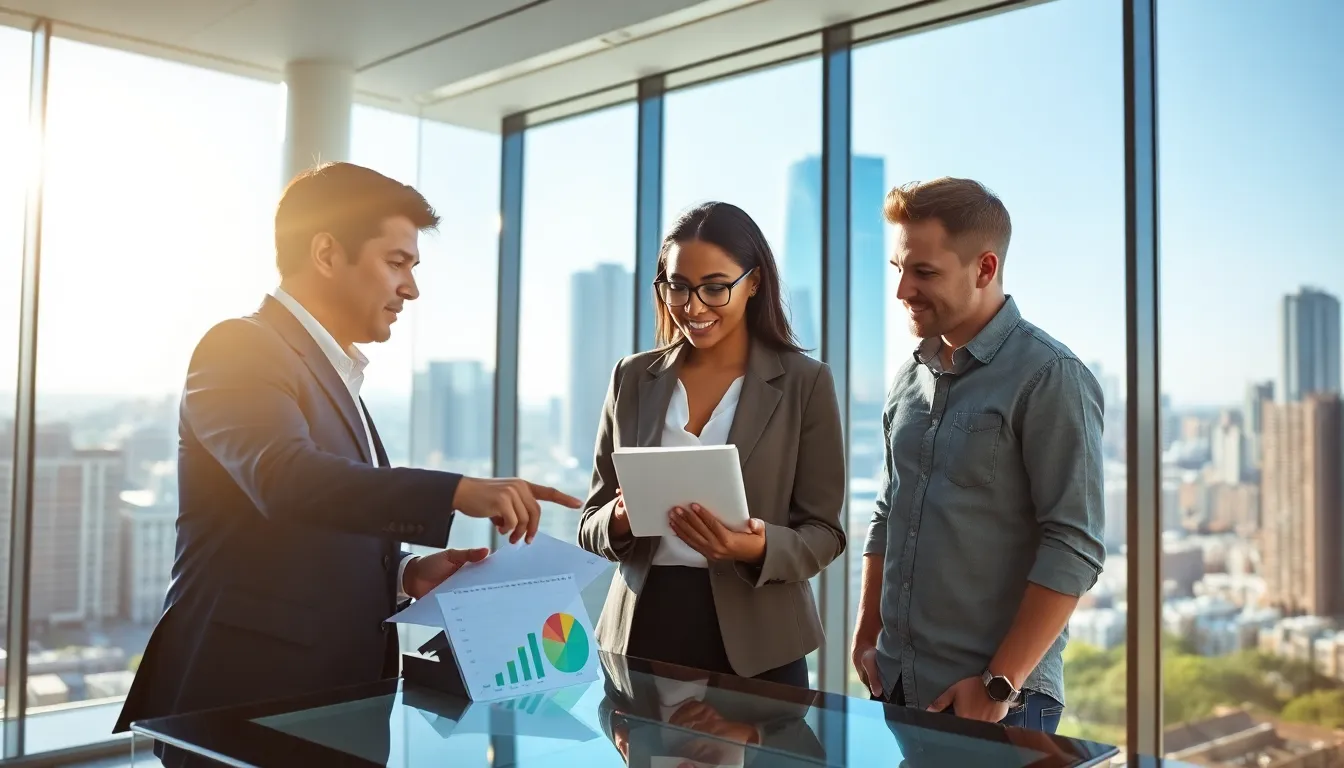 real estate professionals collaborating in a modern office with advanced technology.