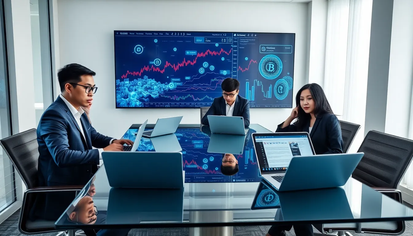 diverse professionals discussing cryptocurrency trends in a modern office.